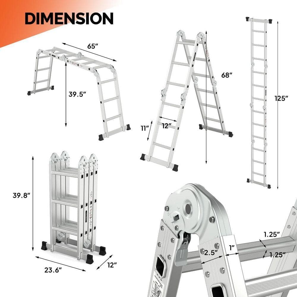 KIWDZFU 12.5 ft. Aluminum Multi-Purpose Folding Ladder 7-in-1 Heavy Duty Combination EN131 330 lbs. 3 Section Extension Ladder (2)