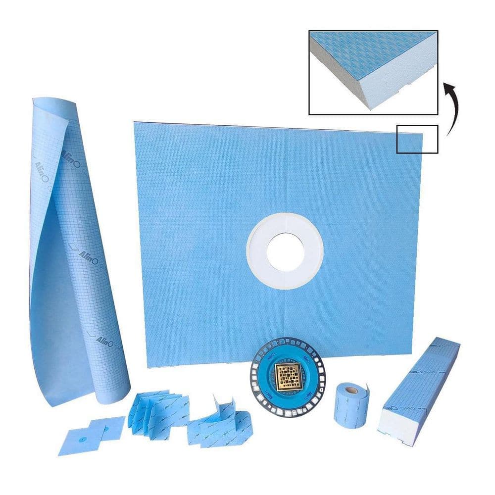 ALINO 60 in.L 36 in.W 96 in.H 4 Pcs Alcove Shower Kit, Glue Up Shower Wall Membrane & Pan with ABS 4x4 in Gold Cen. Drain