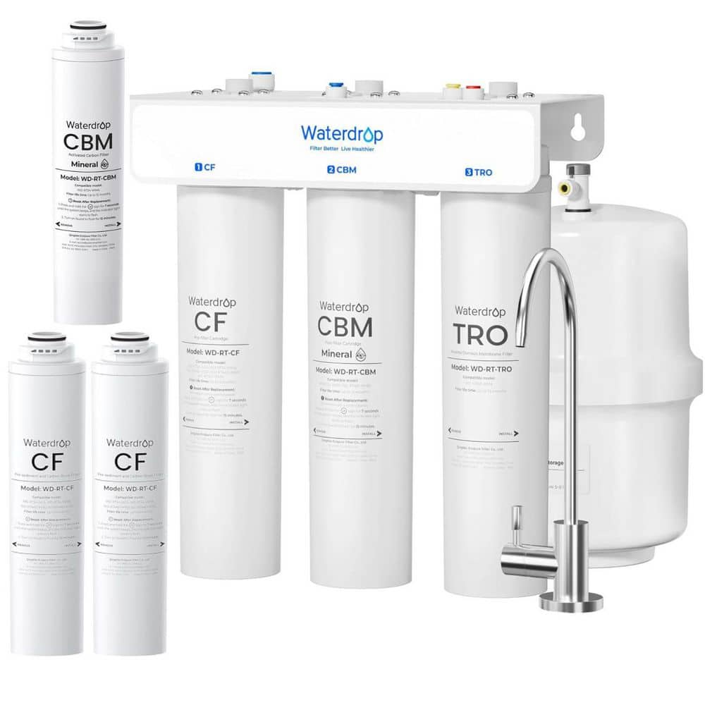 Waterdrop T3-T, 7-Stage, NSF/ANSI 372 Certified Under Sink RO System w/ Tank, No Power Needed, Extra RT-CF x 2 and RT-CBM Filters (1)