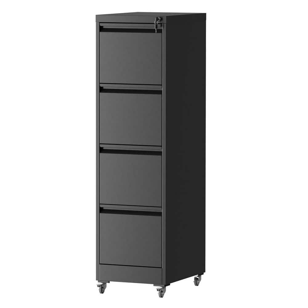 Tidoin Modern 4-Drawer Black Metal 18 in. W Vertical File Cabinet with Lock and Wheel (1)