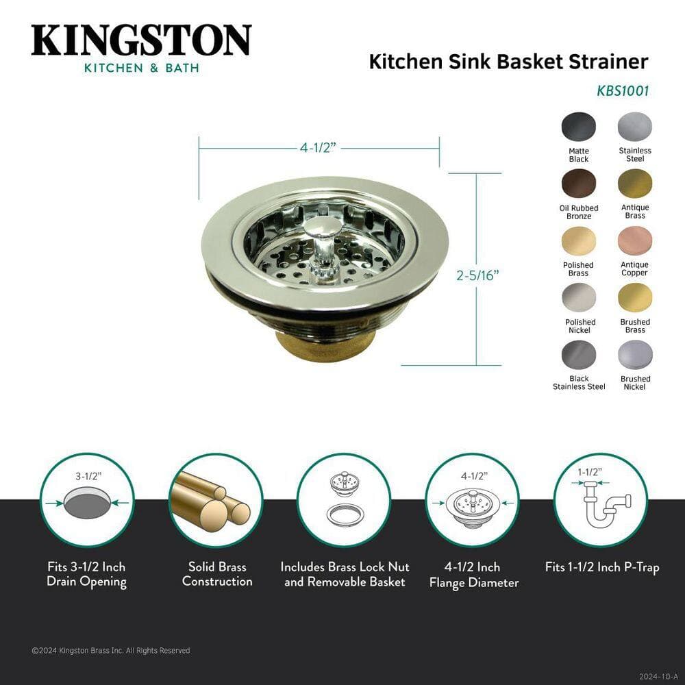 Kingston Brass Made To Match 4.5 in. W Brass Kitchen Sink Basket Strainer in Brushed Nickel (2)
