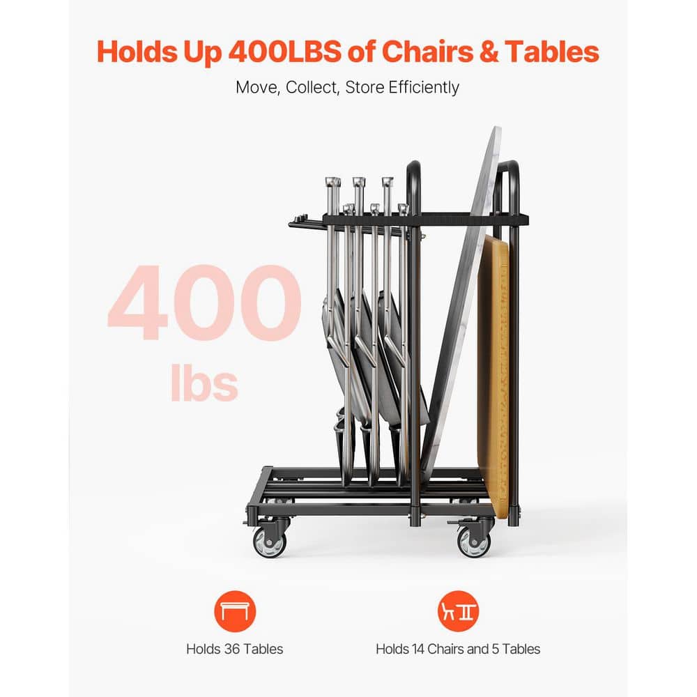 SKYSHALO Folding Chair Rack, 400 lbs. Capacity Heavy-Duty Cart for 5 Tables + 14 Chairs, Chair Storage Dolly w/ Locking Casters (2)