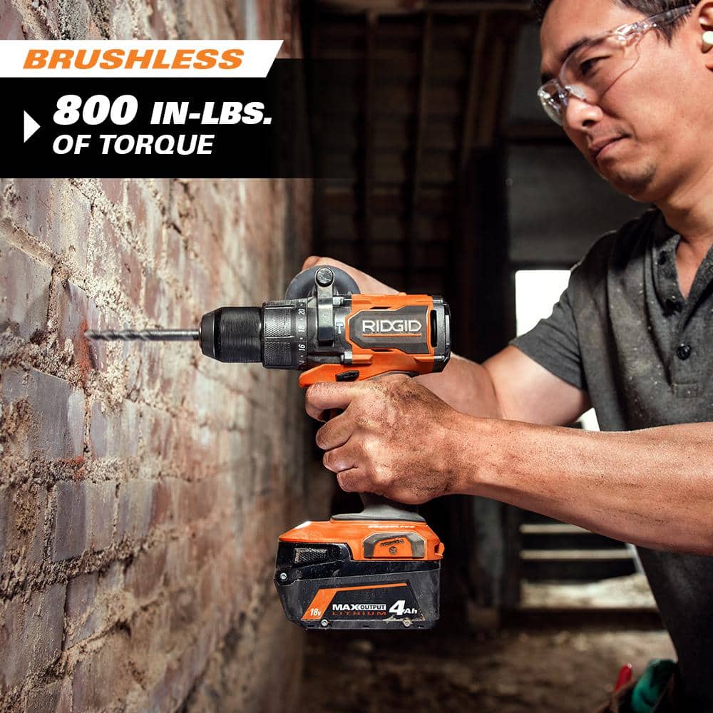 RIDGID 18V Brushless Cordless 1/2 in. Hammer Drill/Driver Kit with 4 Ah MAX Output EXP Battery, Charger, and Tool Bag (4)