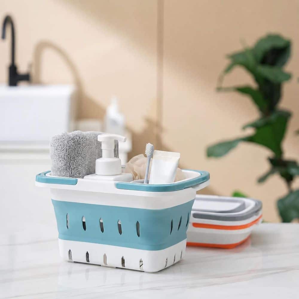 Unbranded Brushed Nickel Grey Finish Collapsible Plastic Shower Caddy Basket Portable Organizer (3)