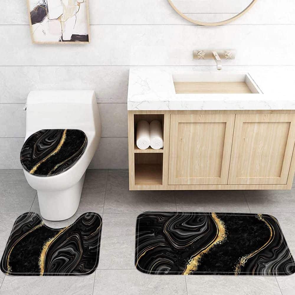 Numhew 4-Pack 70.8 in. W x 70.8 in. L Shower Curtain Sets with Rugs, Toilet Lid Cover, Polyester, Black and Gold (3)