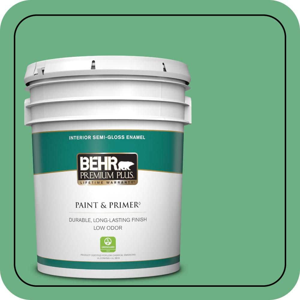 BEHR PREMIUM PLUS 5 gal. #P410-5 Lily Pads Semi-Gloss Enamel Low Odor Interior Paint & Primer