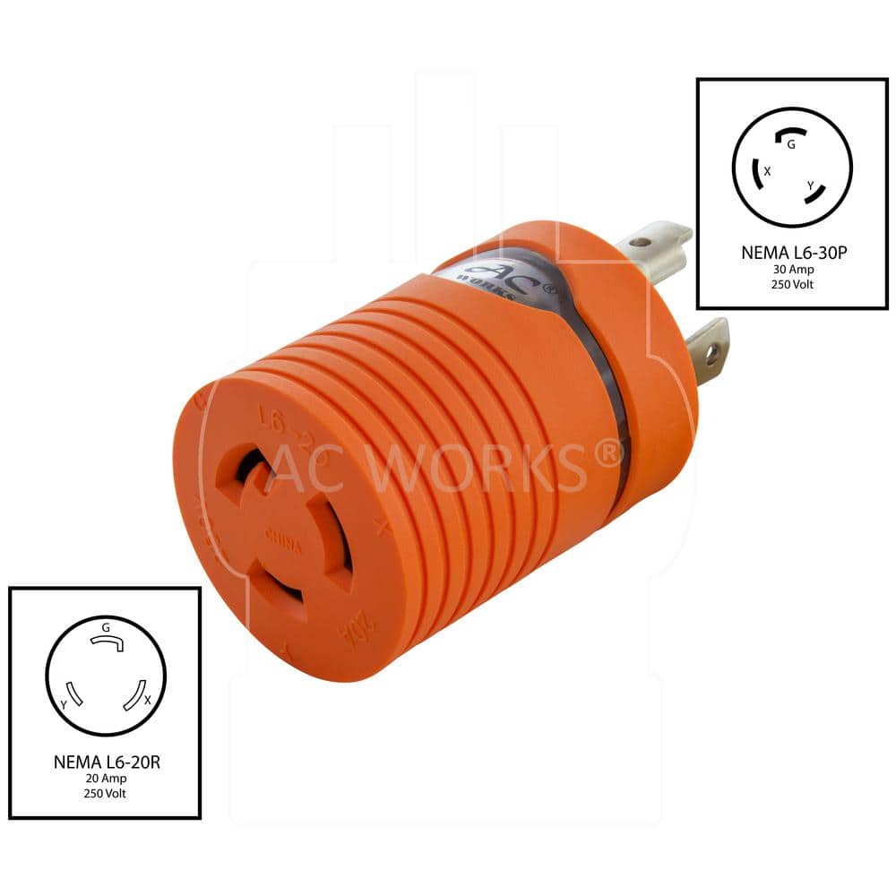 AC WORKS Plug Adapter L6-30P 30 Amp 250-Volt Male Plug to L6-20R 20 Amp Locking Female Connector (2)