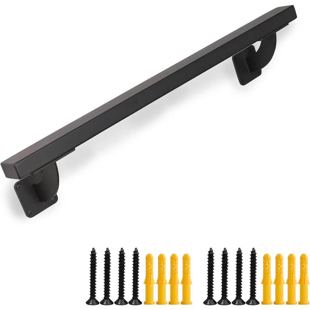 Unbranded 2 ft. Black Metal Steel Handrail Indoor Outdoor Square Pipe Wall Mount Grab Bar Stair Railing for Steps Porch Patio