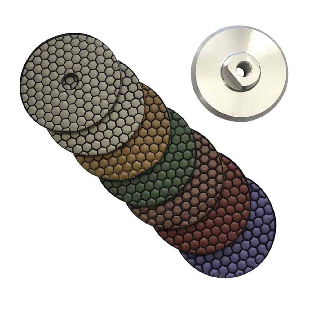 EDiamondTools 7 in. Dry Diamond Polishing Pad Set for Stone and Concrete, (#50 to #3000 Grit) with Aluminum Backing Pad (3)