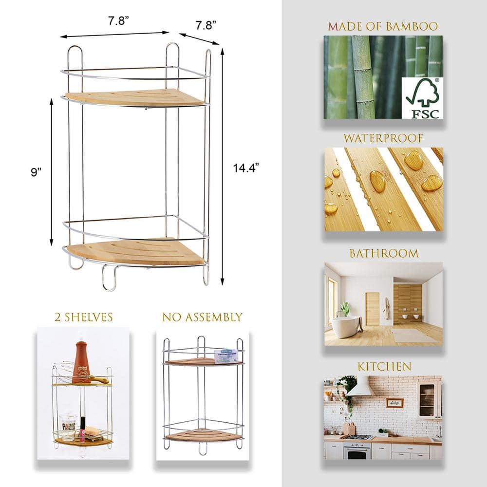 EVIDECO French home goods Corner 7.8 in. W x 14.4 in. H x 7.8 in. D Bamboo Triangle 2 Shelves in Chrome Metal (3)