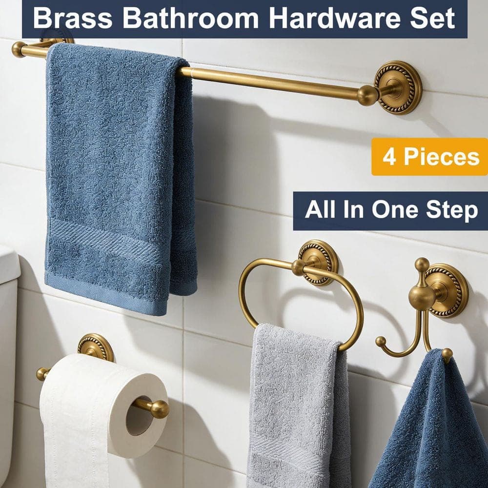 KHKFY Brushed Gold 4-Piece Antique Brass Adjustable Towel Bar Oval Ring Toilet Paper Holder Robe Hook Set in (3)