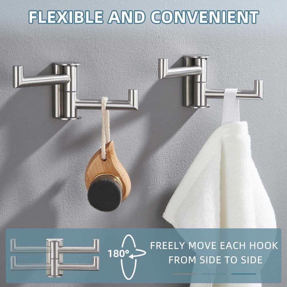 Wudkey 2 Pack Swivel Double Towel Hook in Brushed Nickel 304 Stainless Steel Wall Mounted for Bathroom Bedroom Kitchen Decor (3)