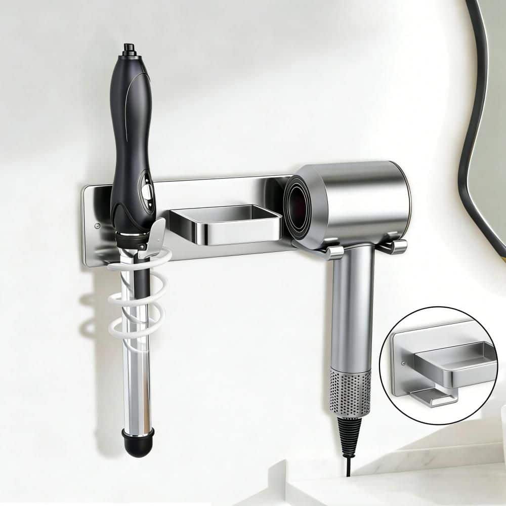 Numhew Wall Mount Bathroom Hair Tool Organizer with Curling Iron Holder, Blow Dryer Holder and Flat Iron Holder, Silver (3)