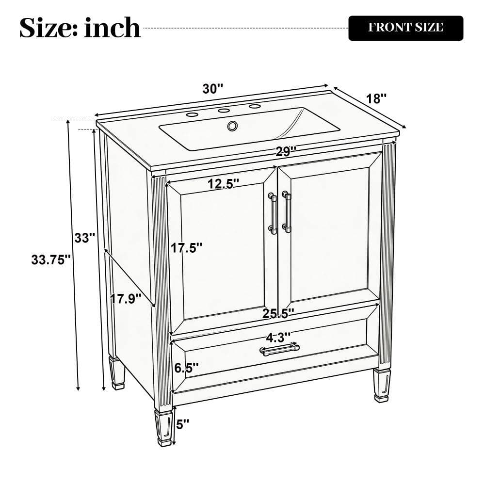 Flynama 30" Black Fluted Vanity,Ceramic Sink,Soft Close Door & Drawer,Solid Wood Legs (3)
