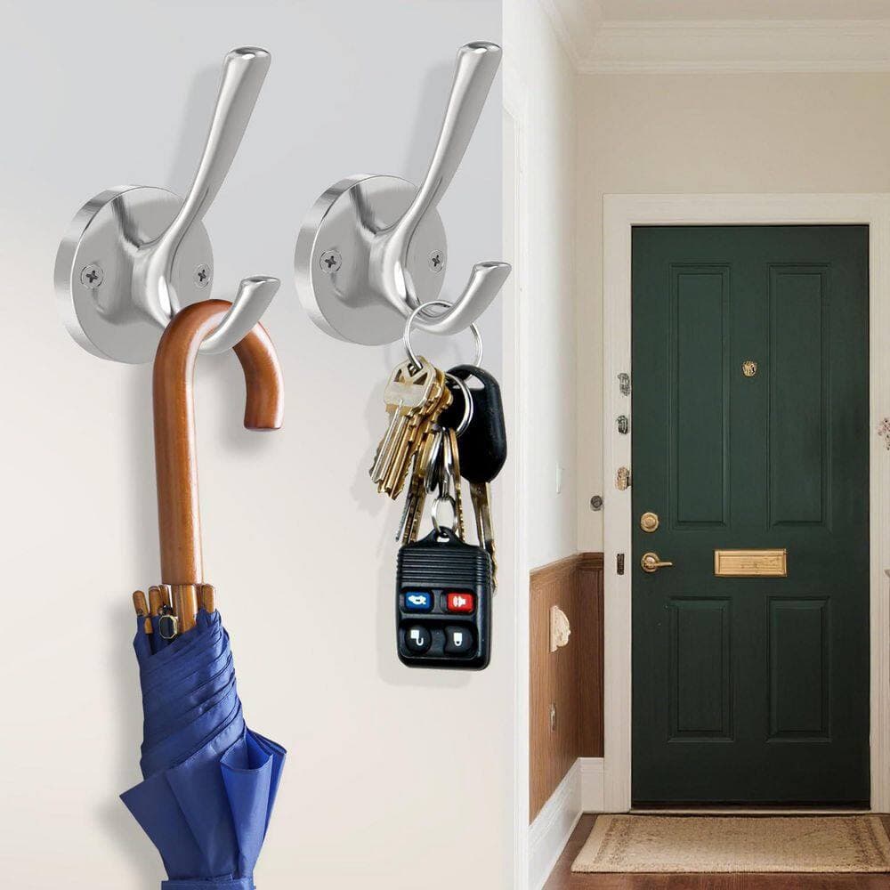 Wudkey 2-Pack Towel J-Hooks for Bathrooms, Coat Robe Hook, Heavy Duty Bathroom Double Hook, Hand Towel Hooks in Brushed Nickel (2)