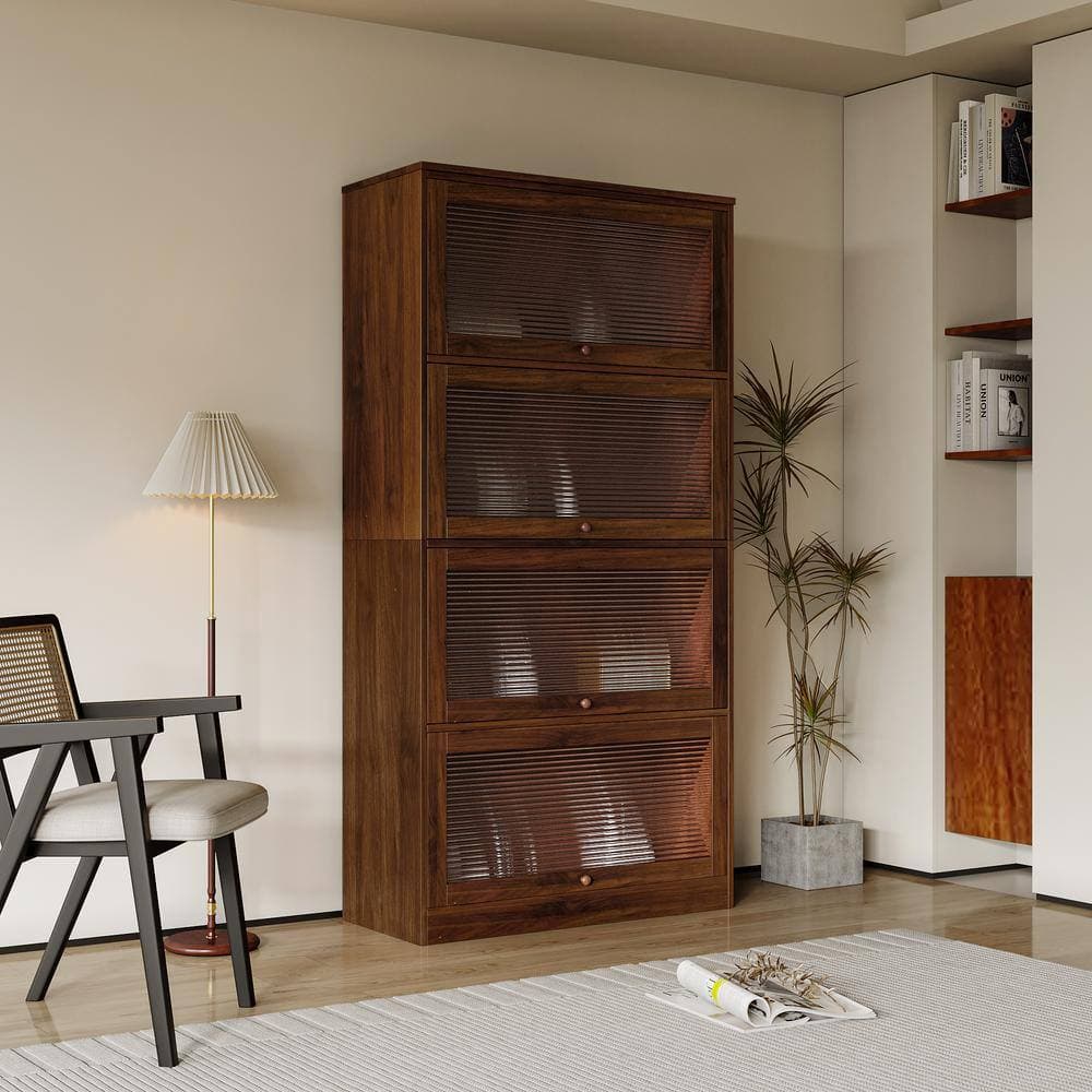 Unbranded 31.5 in. W x 13.78 in. D x 63 in. H Brown Storage Cabinet Linen Cabinet with Closed Back Glass Doors (2)