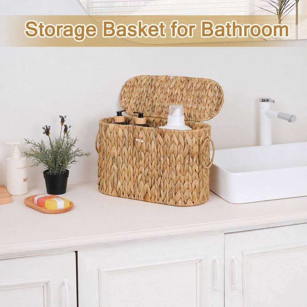KHKFY Handwoven Water Hyacinth Slim Toilet Paper Storage Basket with Lid Holds 9 Mega Rolls in Natural Brown (2)