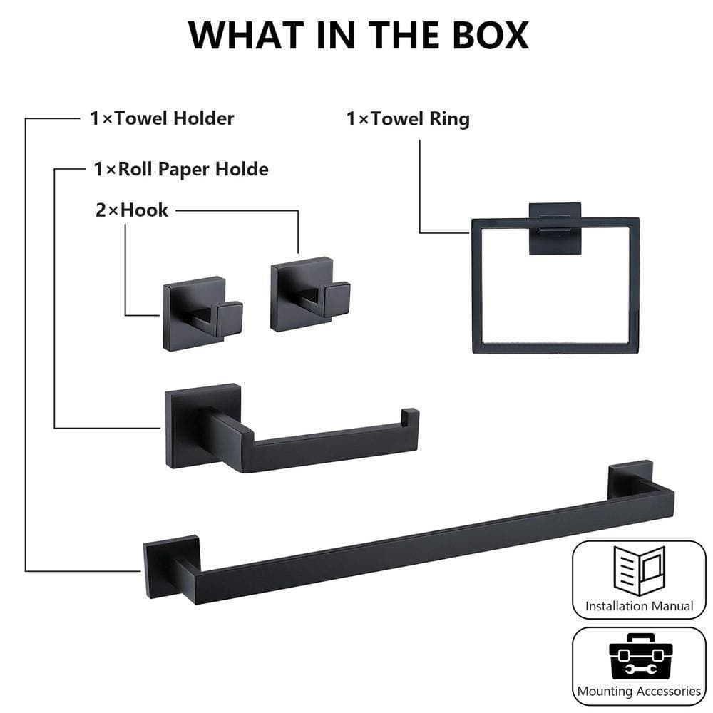 ehablix 5-Pieces Bathroom Hardware Set with Towel Bar, Towel Ring, Robe Hook, Toilet Paper Holder in Matte Black (3)
