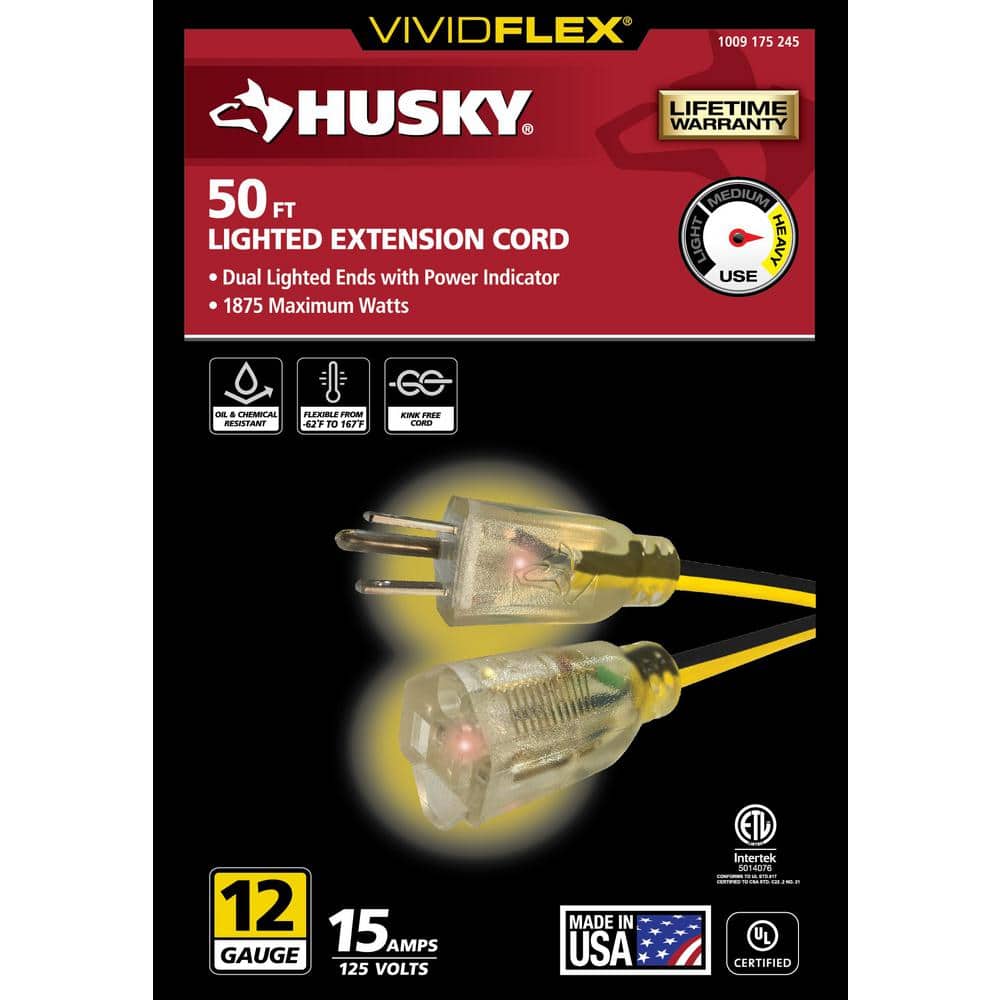 Husky VividFlex 50 ft. 12 / 3 Heavy Duty Indoor/Outdoor Extension Cord with Lighted End, Yellow (2)