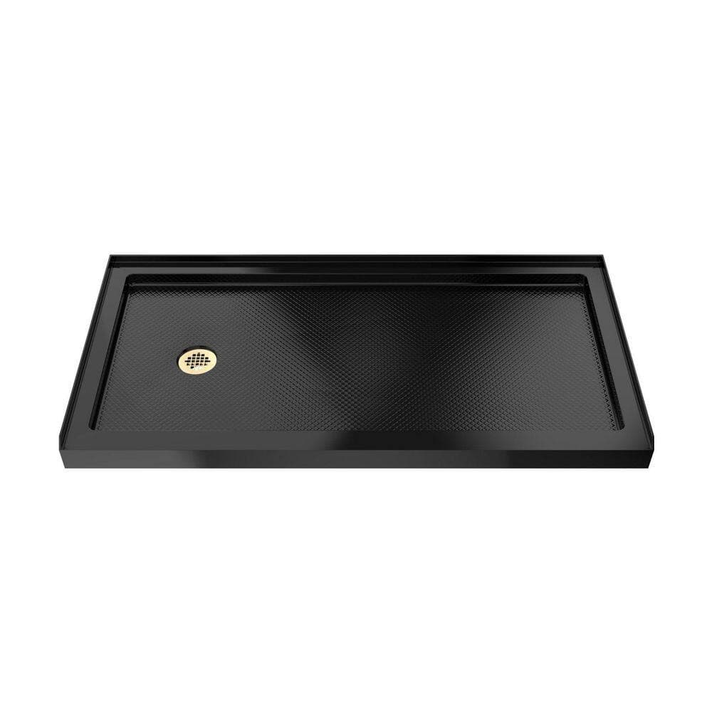 DreamLine SlimLine 60 in. L x 32 in. W Alcove Rectangular Black Shower Pan Base with 2 in. Round Left Drain in Polished Brass (1)