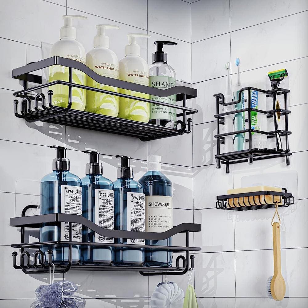 Dyiom Shower Caddy, Adhes Bathroom Shelf Wall Mounted, in Black-4 Pack (1)