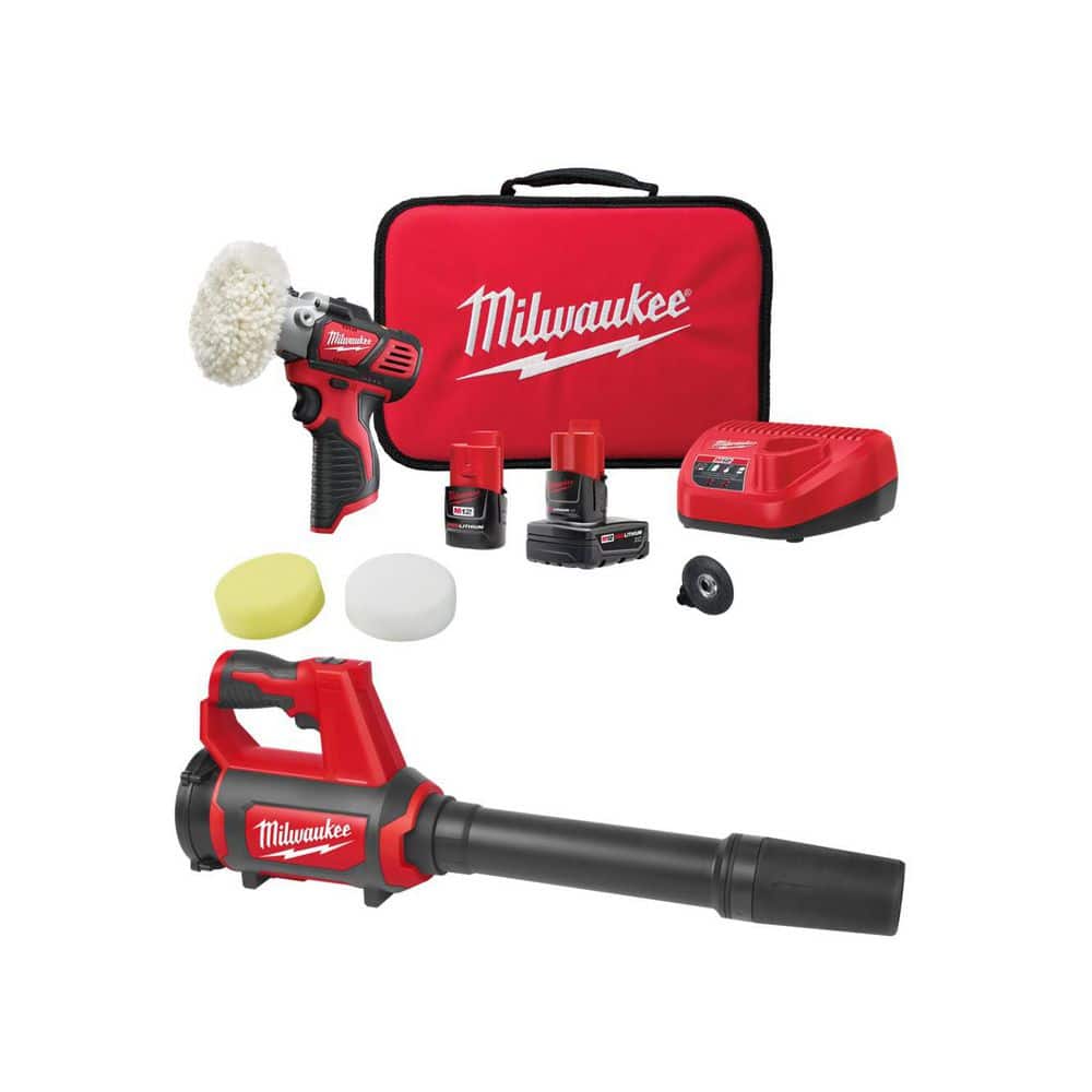 Milwaukee M12 12V Lithium-Ion Cordless Variable Speed Polisher/Sander Kit W/(2) M12 Batteries, Accessories, Charger, Bag, & Blower