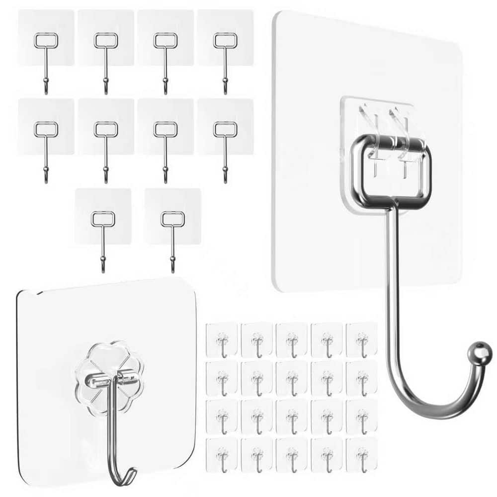 Wudkey 30-Pack Adhesive J-Hooks, 20 Small and 10 Large Mixed Sizes Sticky J-Hooks, Bath Hook in Clear (1)