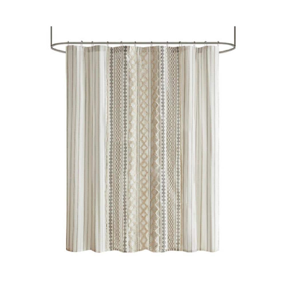 Afoxsos 72 in. W x 72 in. L Cotton Printed Shower Curtain with Chenille Trim and Aztec Print, Machine Washable in Ivory (1)