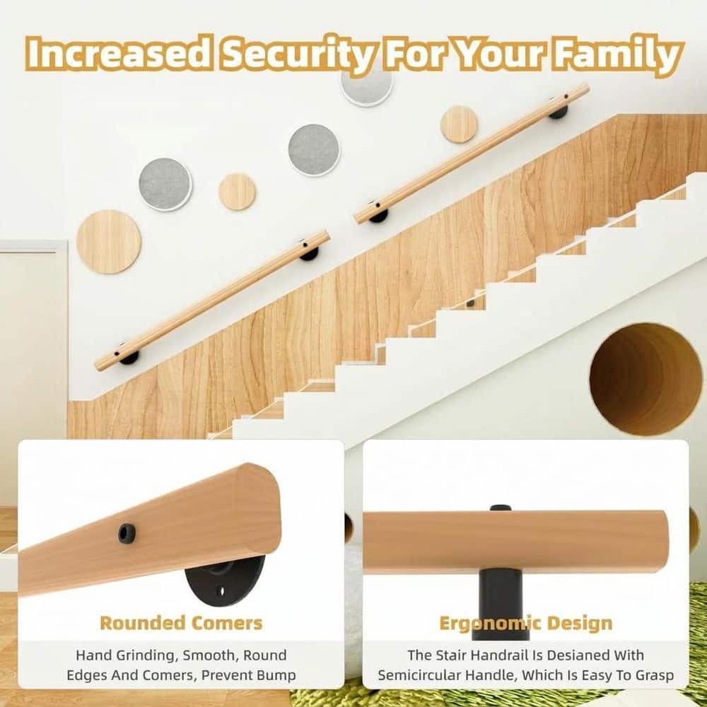 Unbranded 3 ft. Natural Pine Wood Handrail Wall Mounted Indoor Stair Railing Banister with Anti-Slip Ergonomic Design (3)