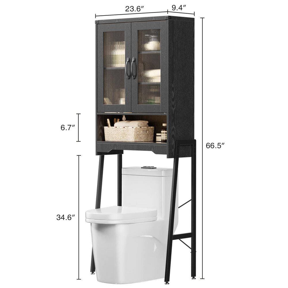 Wudkey 23.6 in. W x 66.5 in. H x 9.4 in. D Wood Rectangular Over The Toilet Storage Organizer with Adjustable Shelf in Black (2)