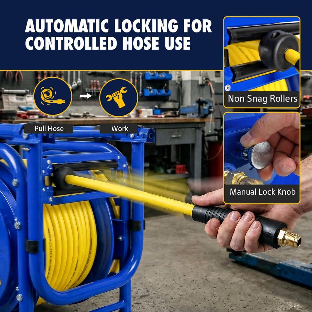 Goodyear 3/8 in. x 100 ft. Hybrid Polymer Air Hose Reel , 300 PS with Foldable Handle, Dual Locking System and Easy-Move Wheels (3)