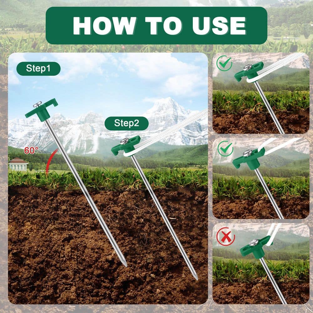 NVNOO 24-Pack 10.25 in. Metal Tent Stakes with 12-Pack 10 ft. Ropes and Storage Bag forGarden Canopies Camping, Green (3)