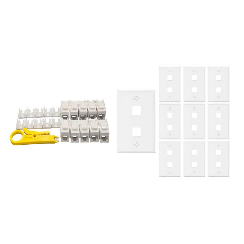 Micro Connectors, Inc 10-Pack 1-Gang White Keystone Plastic Wall Plates 2-Port and 10 Cat 6 RJ45 Keystone Jacks White (1)