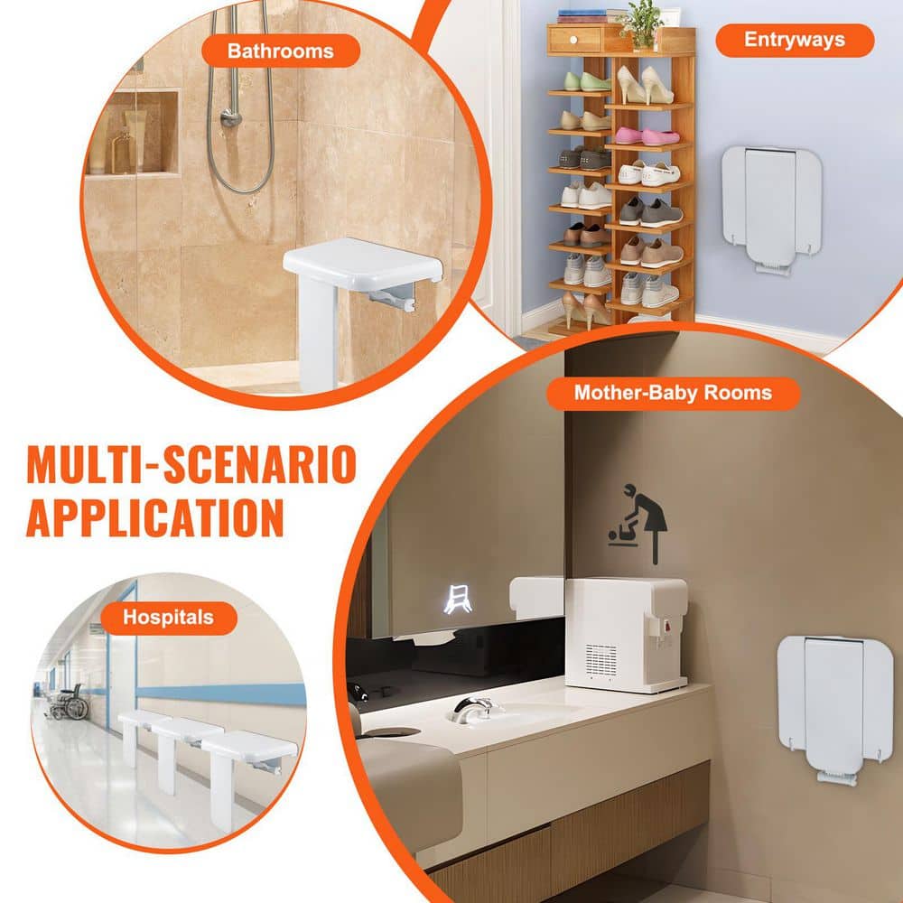 SKYSHALO Folding ABS Shower Seat, Wall Mounted Space Saving Shower Bench with 440 lbs. Load Capacity, 15.7 x 16.7 in. Unfolded (2)