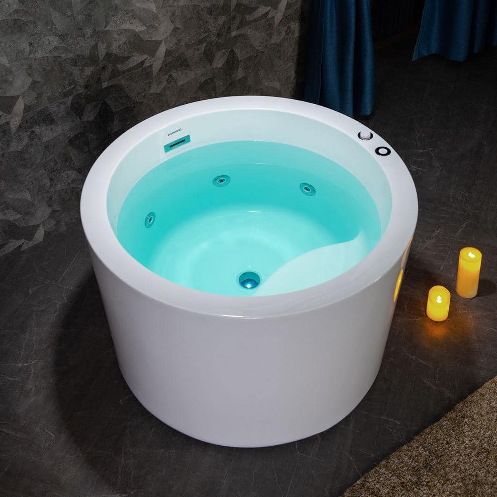 WOODBRIDGE 41 in. x 41 in. Acrylic Round Whirlpool with Inline Heater Bathtub with Pre-Molded Seat, Reversible Drain in White (1)