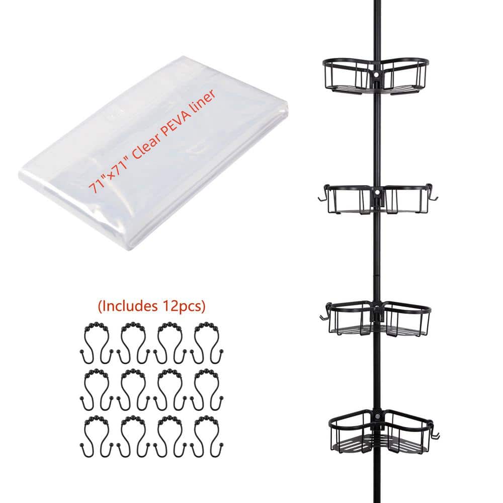 Utopia Alley Flat Shelf Tension Rod Shower Caddy, 4-Adjustable Shelves 108 in. Matt Black Finish (1)