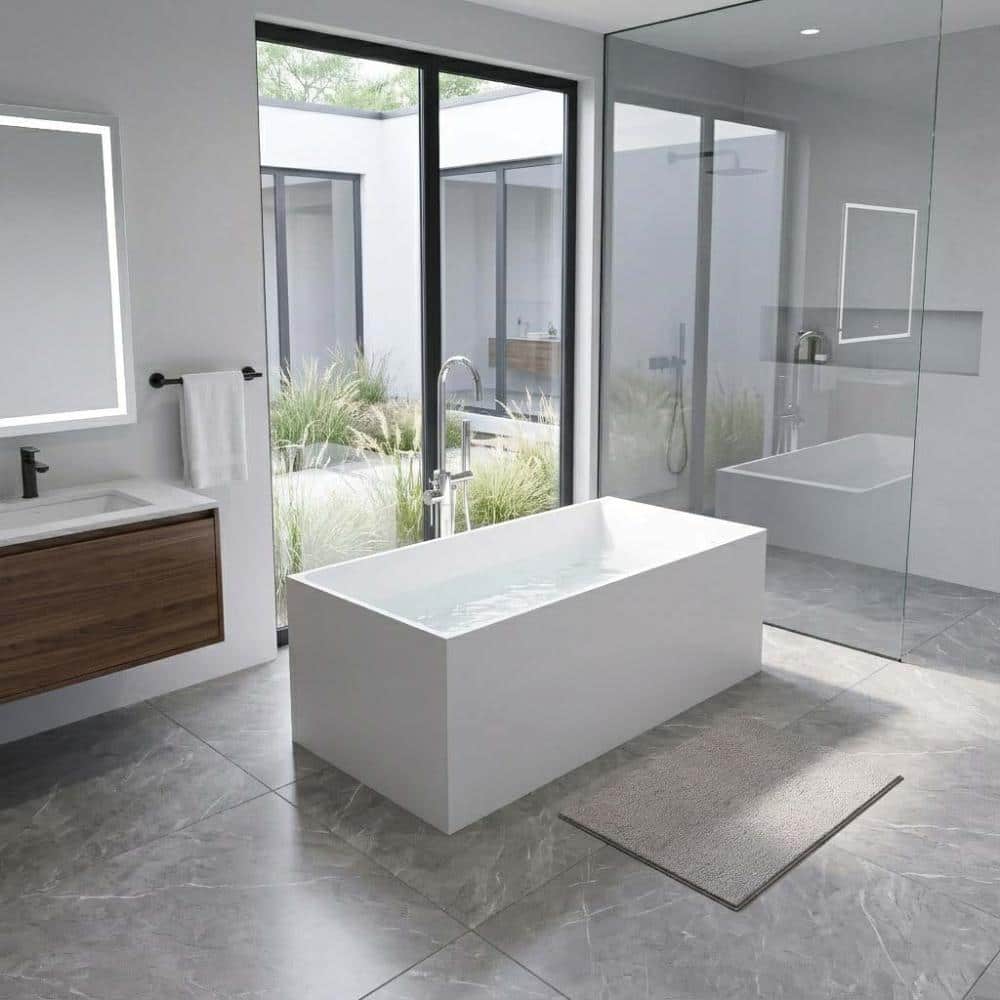 POCCI&VANCCI 59 in. Solid Surface Rectangular Freestanding Flat Bottom Non-Whirlpool Soaking Bathtub with Sloped Backrest in White (2)