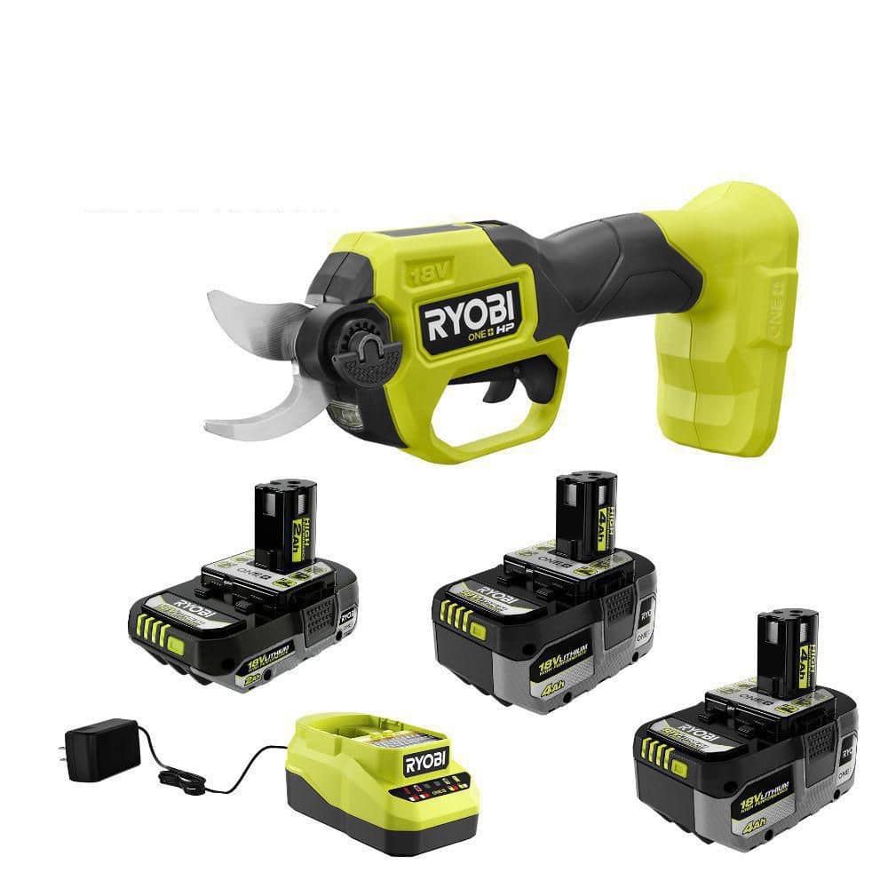 RYOBI ONE+ 18V HIGH PERFORMANCE Kit w/ (2) 4.0 Ah Batteries, 2.0 Ah Battery, Charger, & ONE+ HP Brushless Pruning Shear (1)