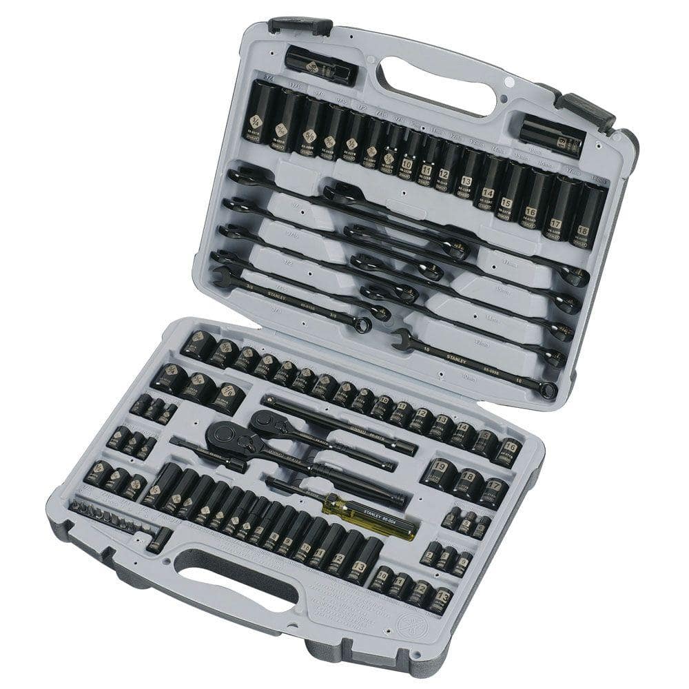 Stanley 1/4 in. & 3/8 in. Drive Black Chrome Laser Etched SAE & Metric Mechanics Tool Set (99-Piece)