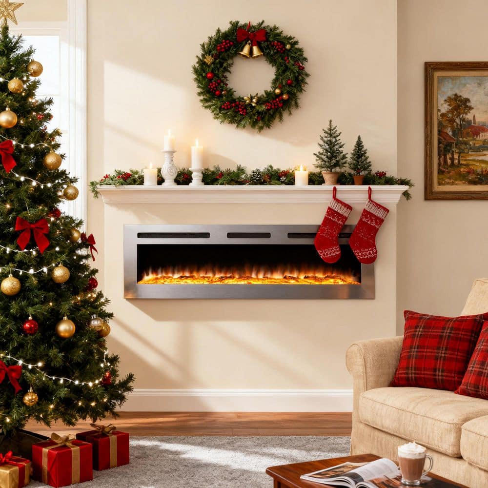 Clihome 60 in. Wall Mounted and Recessed Electric Fireplace Insert with Stainless Steel Surface and 12 Flame Colors (2)