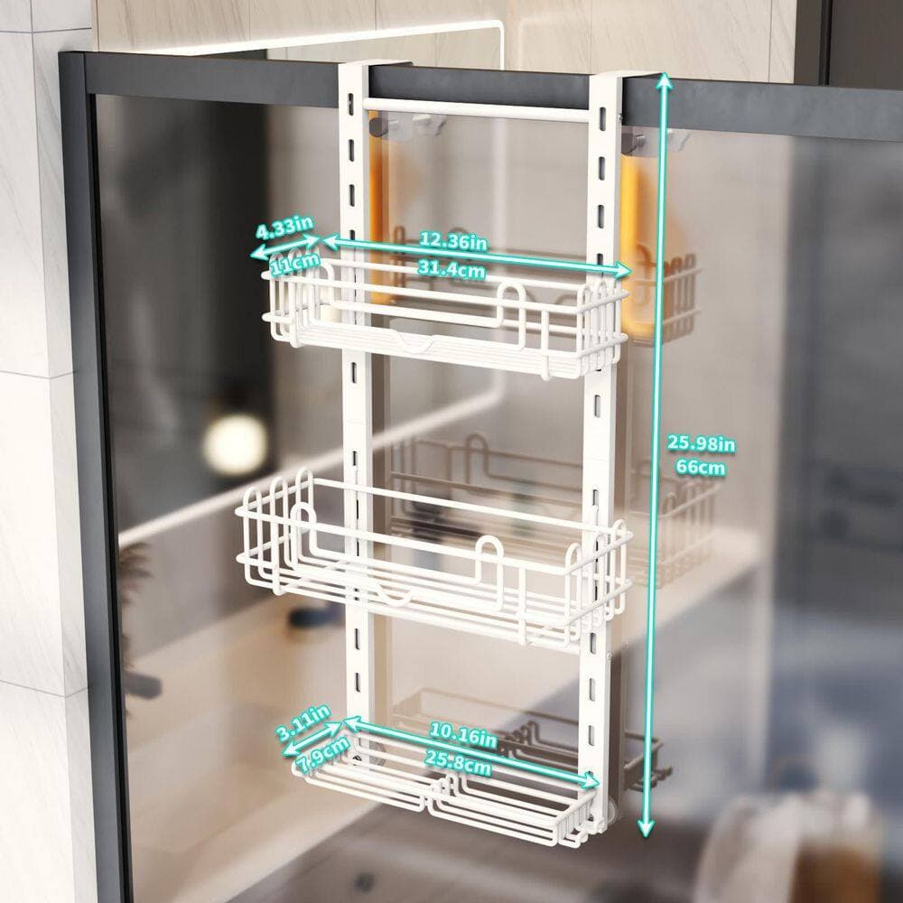 Numhew 25.98 in. H x 12.36 in. W x 4 in. D, 3 Tier Hanging Stainless Steel Over the Door Shower Caddy Shelf in White (2)