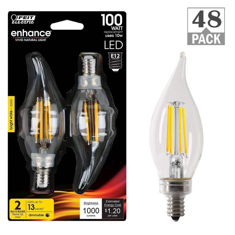 Feit Electric 100W Equivalent BA10 E12 Candelabra Dimmable Filament CEC Clear Chandelier LED Light Bulb Bright White 3000K (48-Pack)