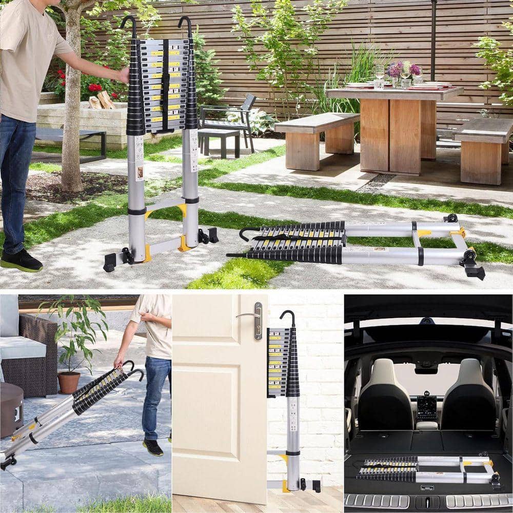 KIWDZFU 17.7 ft. Aluminum Lightweight Telescoping Extension Ladder w/ Locking Mechanism Heavy Duty Collapsible for 330 lbs. Load (3)