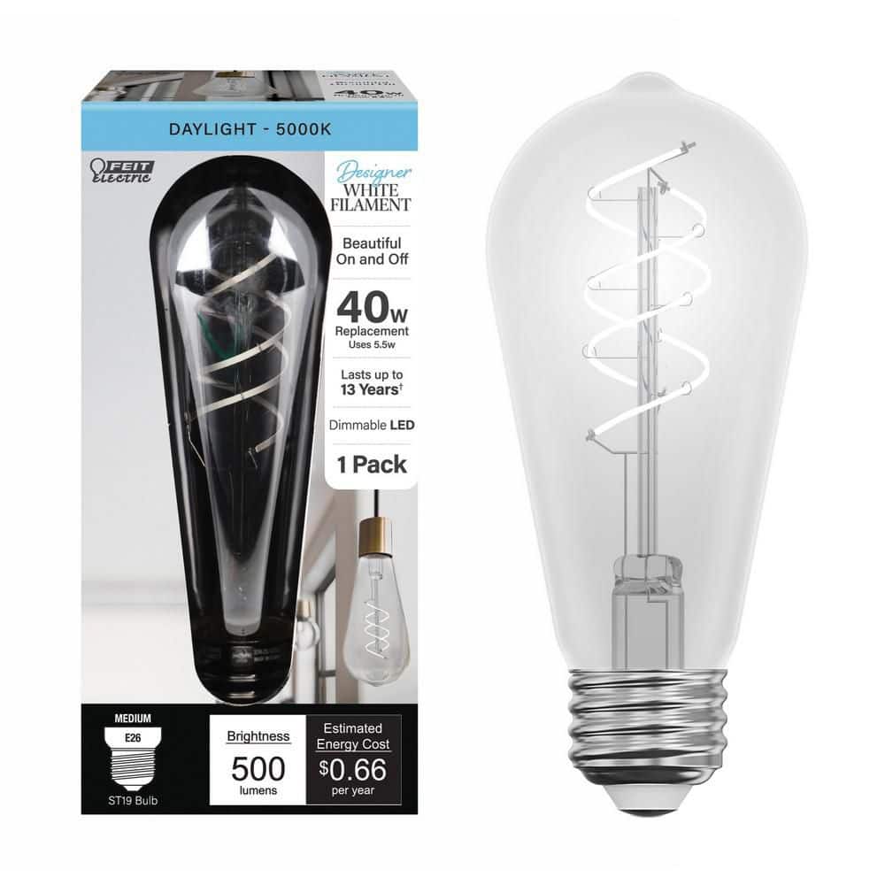 Feit Electric 40-Watt Equivalent ST19 Dimmable Double Spiral White Filament Clear E26 Vintage Edison LED Light Bulb, Daylight 5000K