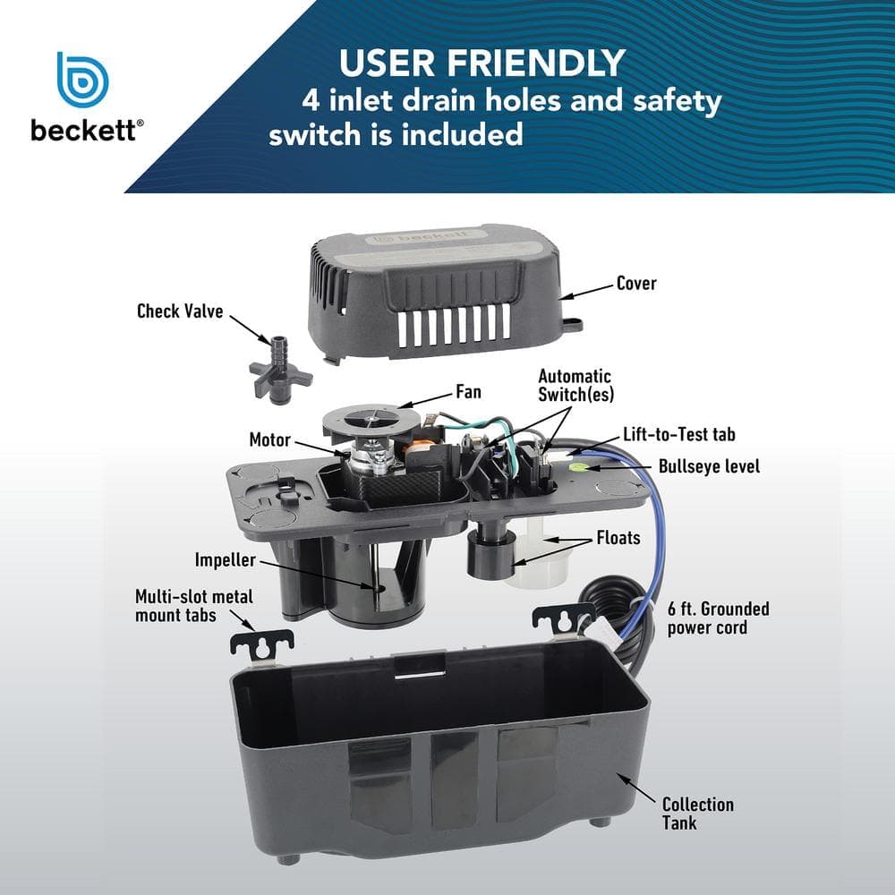 BECKETT BK171TUL 115 Volt Automatic Medium Condensate Removal Pump with Safety Switch and 20 ft. of 3/8 in. ID PVC Tubing (3)