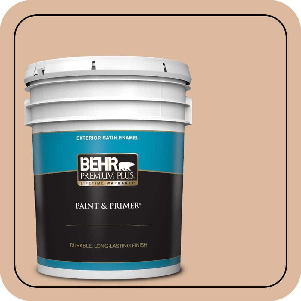 BEHR PREMIUM PLUS 5 gal. #PPU3-09 Pumpkin Cream Satin Enamel Exterior Paint & Primer