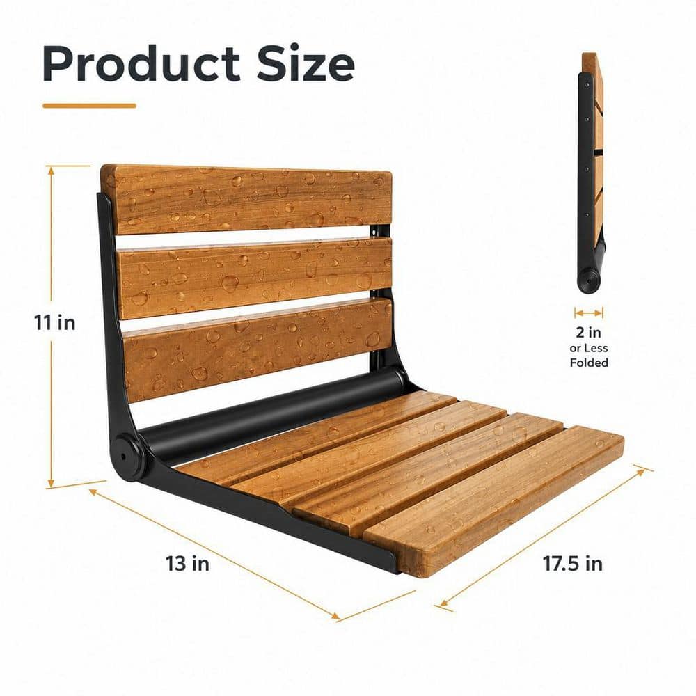 Numhew 17.5 in. Teak Shower Seat in Black, Bath Safety Furniture Stainless Steel for Elderly, Fold Down Shower Seat (2)