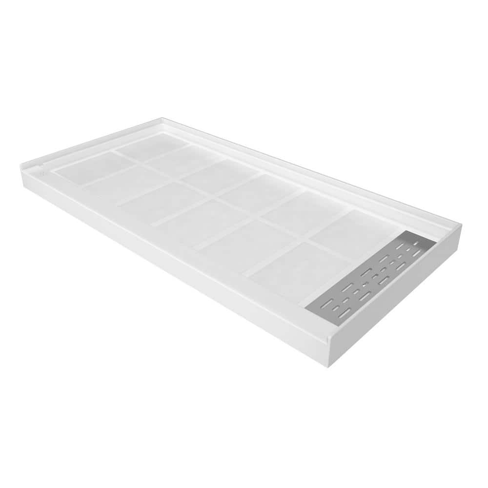 CASAINC 60 in. x 30 in. Composite Alcove Shower Pan Base with Stainless Steel Cover and Right Drain in White (1)