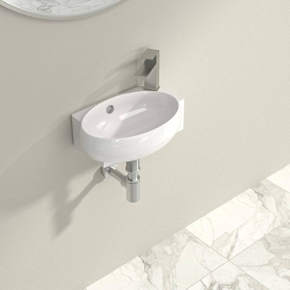 Kichae 16.5 x 11 Inch Round White Ceramic Wall Mounted Bathroom Sink with Overflow and Right Side Single Faucet Hole (3)