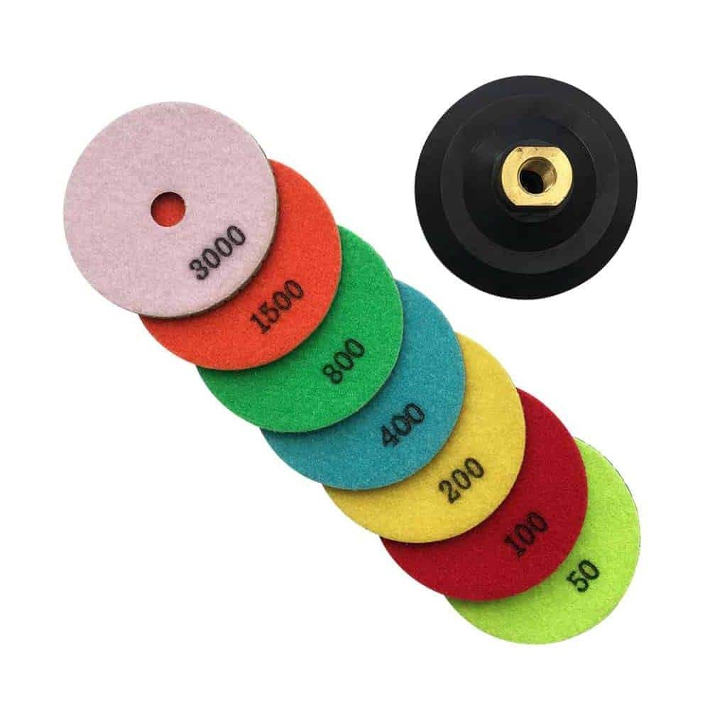 EDiamondTools 4 in. Dark Resin Wet Diamond Polishing Pad Set (50 100 200 400 800 1500 3000 Grit) for Granite Concrete w/Rubber Backer (2)
